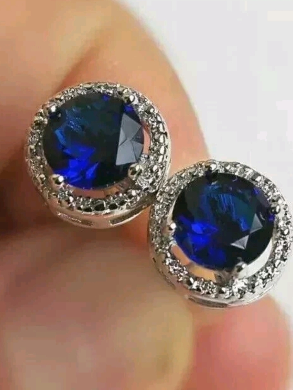 Blue Crystal Halo Stud Earrings - Women Jewelry - Picture 3 of 5